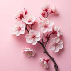 Obraz premium Studio spring double sakura flowering tree branch with pink flowers on white background