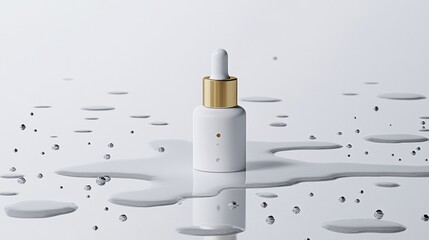 A sophisticated skincare serum bottle stands upright on a smooth, reflective surface, with small water droplets scattered around it, creating a serene atmosphere