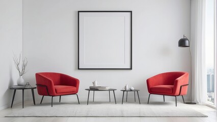 Modern interior of living room with red chair and blank big poster frame on white color wall