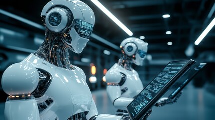Futuristic White Robots Analyzing Data on Tablets in Modern Tech Facility