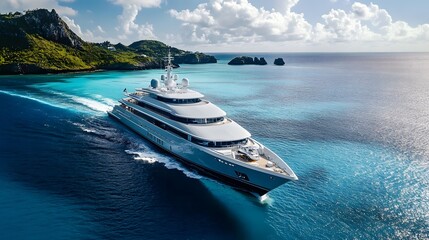 エメラルドブルーの海を航行する豪華ヨットの空撮風景