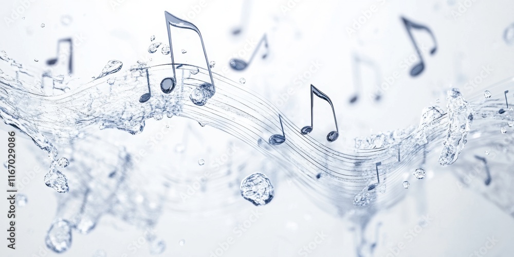 Poster musical notes blend beautifully with splashing water, creating a serene and artistic representation 