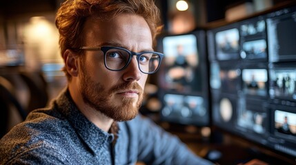 Fototapeta premium Focused Young Man with Red Hair Editing Videos on Multiple Monitors
