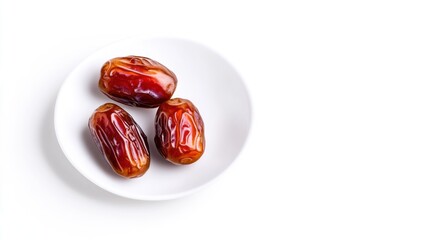 Three dates on a white plate, showcasing a healthy snack option.