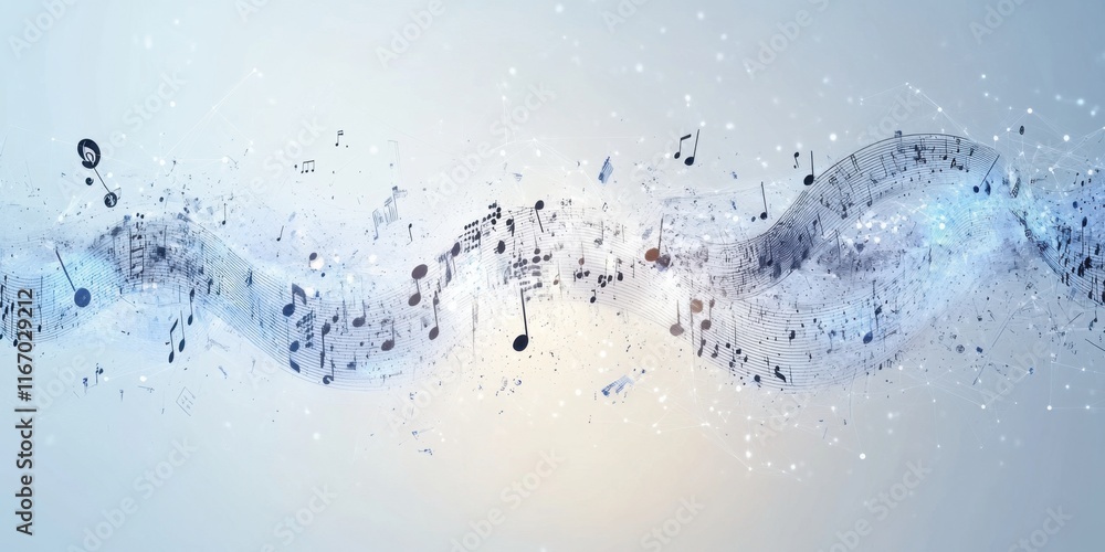 Poster musical notes are elegantly flowing through a soft wave of light, creating a mesmerizing abstract de