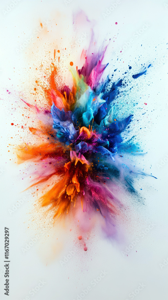 Poster a stunning display of colors burst forth against a soft white backdrop, creating an energetic and dy