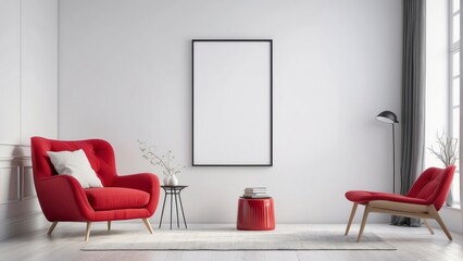 Modern interior of living room with red chair and blank big poster frame on white color wall