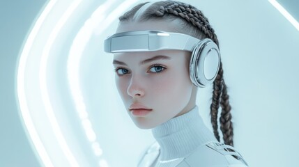 Futuristic woman wearing headset and head device.
