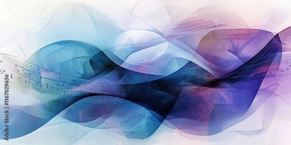 Poster an abstract design showcases flowing waves of vibrant colors intertwined with musical notes, creatin