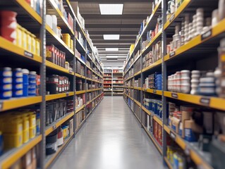 Wide view of a commercial auto parts store aisle with shelves stocked full of diverse products