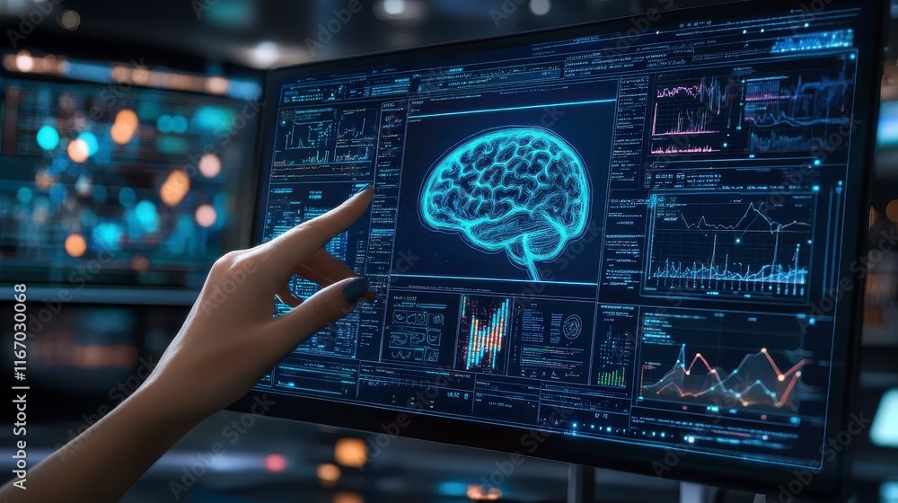 Poster woman s hand interacting with brain scan data on futuristic computer screen