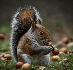 Obraz premium Focus on a squirrel munching on an acorn.