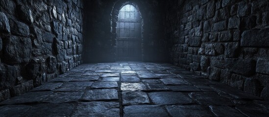 Dark and moody interior of a medieval castle dungeon with an arched stone passage leading into a shadowy atmospheric hallway  The scene evokes a sense of mystery history and a foreboding ambiance