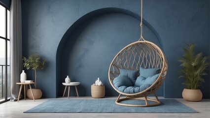 minimal interior design concept of living room, with chair in middle on Slate Blue arch pattern wall