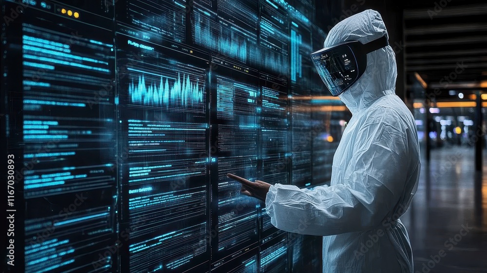 Poster scientist in protective suit analyzing complex data on large digital screen