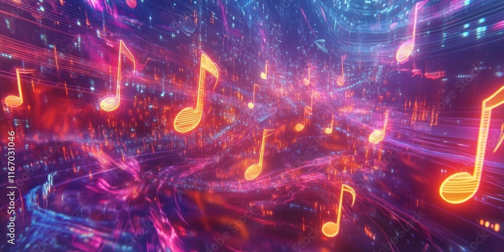 Poster dynamic music notes float through a vivid digital landscape filled with swirling colors and patterns