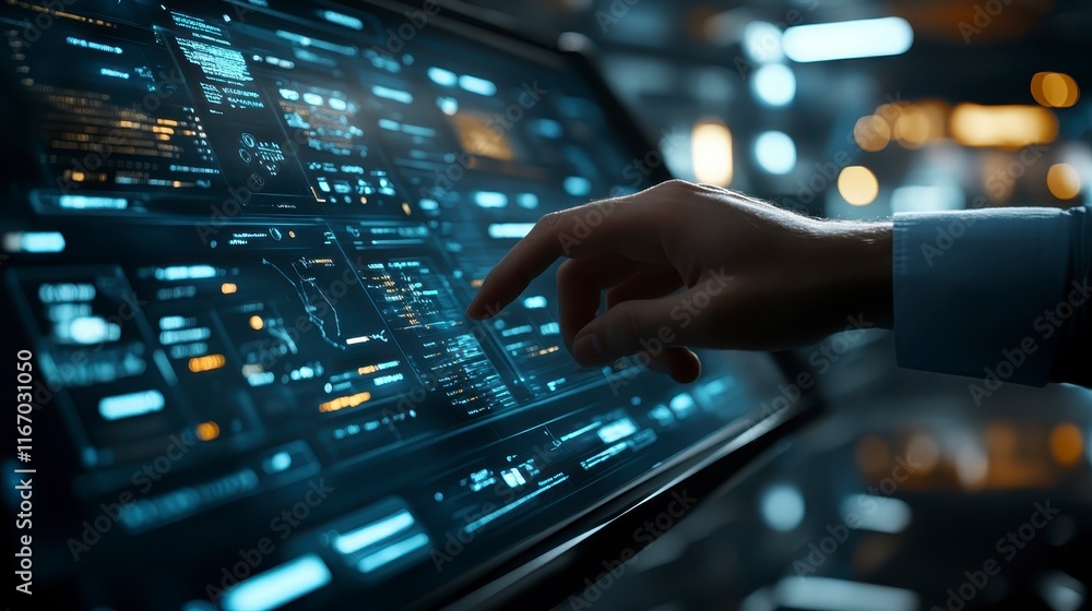 Poster futuristic interface hand interacting with advanced digital data display screen