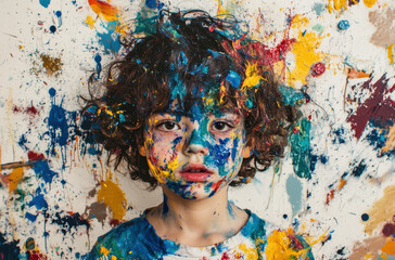 A child stands against a paint-splattered wall, their face and clothes covered in bright colors, showcasing a moment of artistic expression and exploration.
