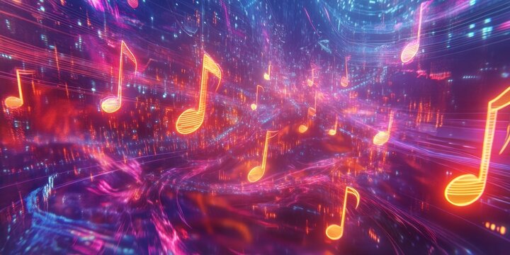 Dynamic music notes float through a vivid digital landscape filled with swirling colors and patterns, conveying a lively and energetic vibe