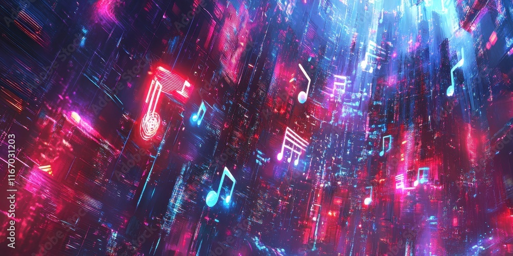 Poster bright musical notes are falling through a dynamic abstract digital space filled with vivid colors a