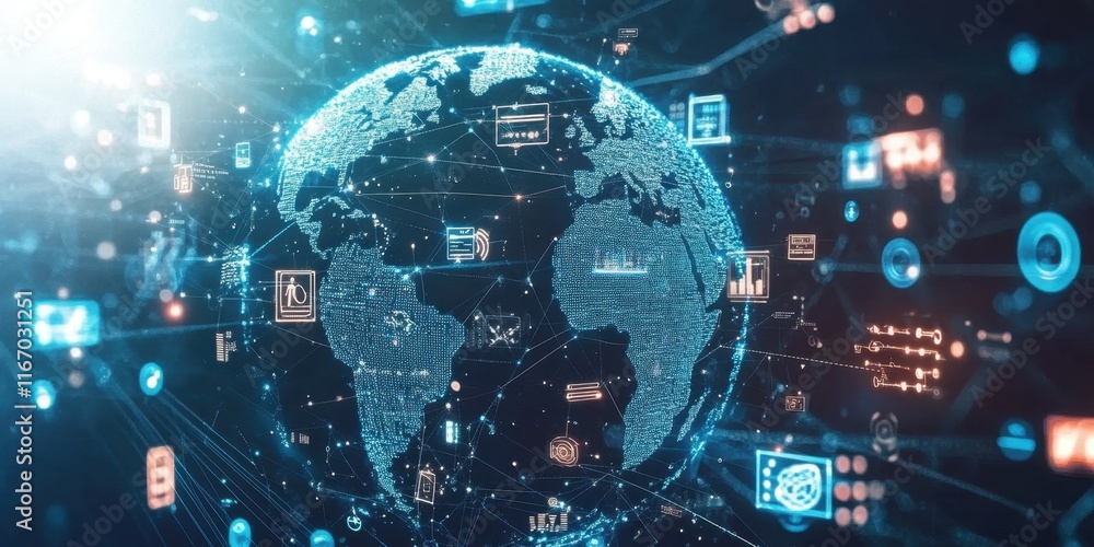 Aufkleber a detailed digital globe showcases interconnected data points and technology symbols, illuminating t