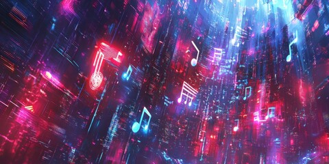 Bright musical notes are falling through a dynamic abstract digital space filled with vivid colors and lights, creating an exciting and lively ambiance
