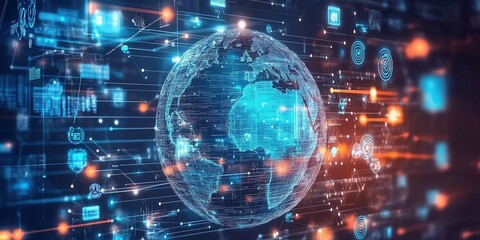 Obraz premium A futuristic depiction of a globe surrounded by glowing lines and digital icons, showcasing the interconnectedness of global technology and data