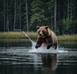 Obraz premium Document a bear catching a fish mid-jump.