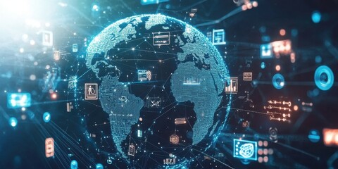 A detailed digital globe showcases interconnected data points and technology symbols, illuminating the relationship between global networks and information flow
