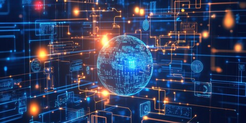 A glowing blue globe is surrounded by orange lines and lights, symbolizing data flow and connectivity in a digital landscape with abstract elements