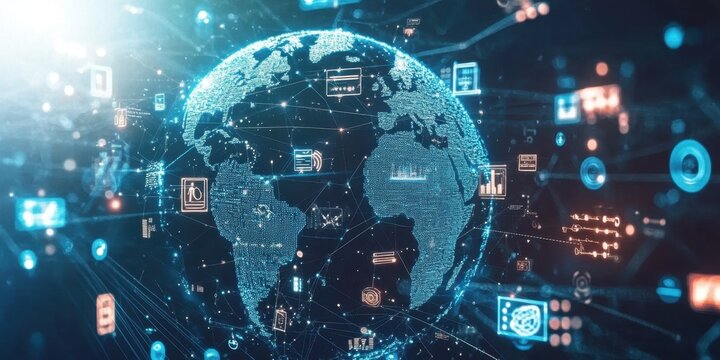 A detailed digital globe showcases interconnected data points and technology symbols, illuminating the relationship between global networks and information flow - Powered by Adobe