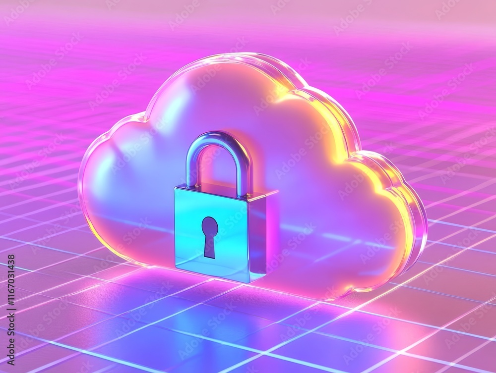 Poster translucent cloud with lock icon on digital grid illustrating secure cloud concept in neon colors