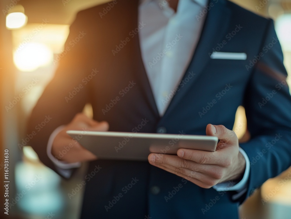 Poster businessman utilizing digital tablet for global online marketing and data exchange in networking