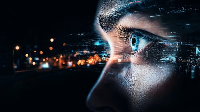 Close-up of a person's eye with a superimposed cityscape at night.