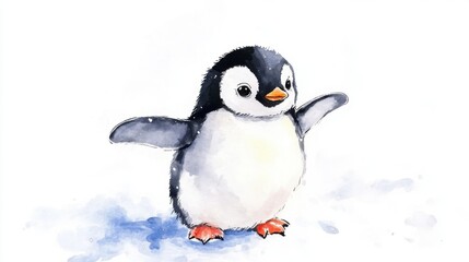 A cute watercolor illustration of an adorable penguin standing playfully on ice, showcasing the charm of wildlife.