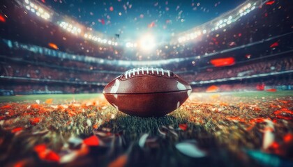 Dramatic Close-Up of an American Football on a Lit Stadium Field Capturing Game-Day Excitement, Showcasing Vibrant Colors, Flying Confetti, and Electric Atmosphere of a Super Bowl Night Showdown