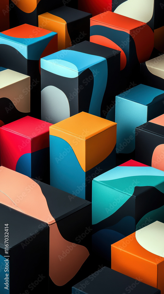 Poster a stunning array of colorful boxes featuring dynamic patterns and rich textures, showcasing innovati