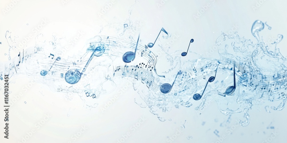 Poster musical notes elegantly flow through water, creating a visually captivating interaction between soun