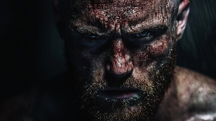 Angry, bloody, intense man portrait.