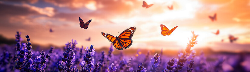 butterflies flying in lavender field at sunset.