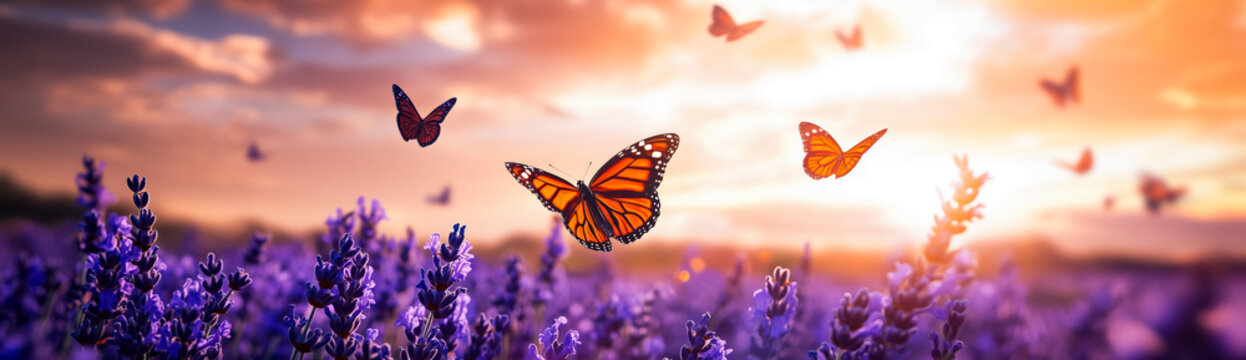 butterflies flying in lavender field at sunset.