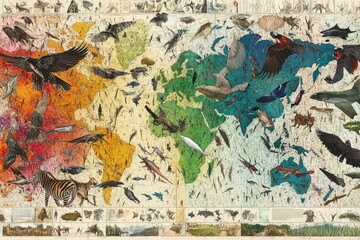 Naklejka premium World map collage, animals, insects, vibrant colors.