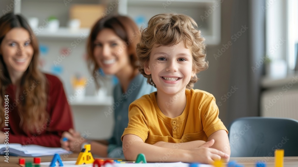 Poster a cheerful child sits at a table with colorful toys, while two adults smile in the background, creat