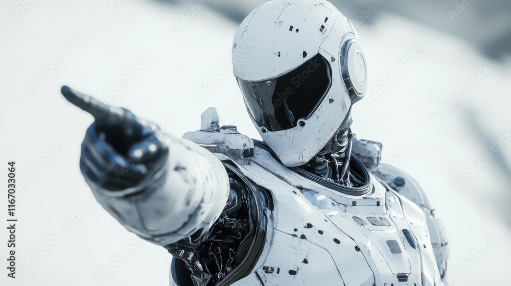 Poster white robot pointing forward, futuristic concept.