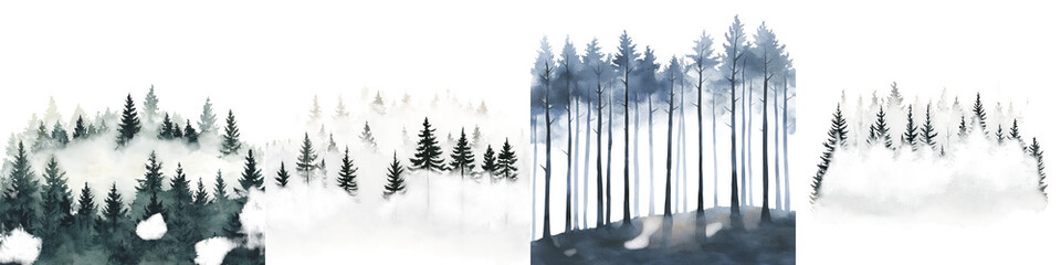 Fototapeta premium Enchanting misty forest landscape with silhouetted evergreen trees emerging from a veil of ethereal fog creating a serene and minimalist scene with a muted monochromatic color palette This natural