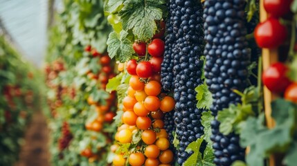 Fototapeta premium Vibrant Colorful Tomatoes Grapes Vines Growing in Greenhouse