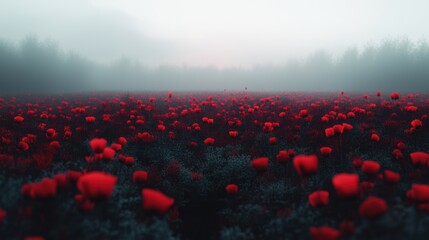 Misty red poppy field at dawn.