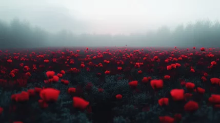 Fotobehang Misty red poppy field at dawn. © batara