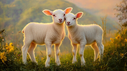 Fototapeta premium Prime lambs on green meadow at sunset