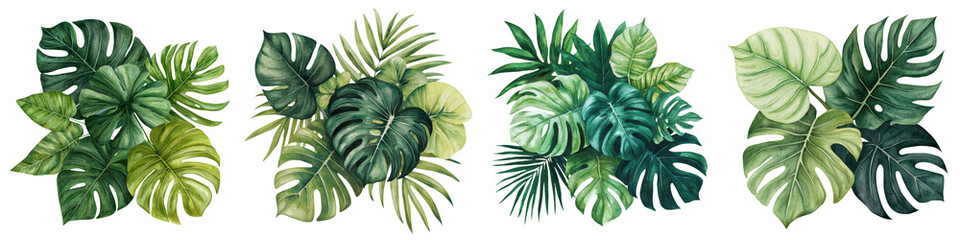 Fototapeta premium Assortment of Vibrant Tropical Leaves and Foliage in a Lush Botanical Setting Diverse collection of various tropical plant species with large green and textured leaves creating a rich verdant